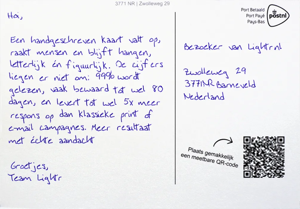 Handgeschreven kaart aan een bezoeker van Lightr.nl, met een echte pen geschreven, met QR-code