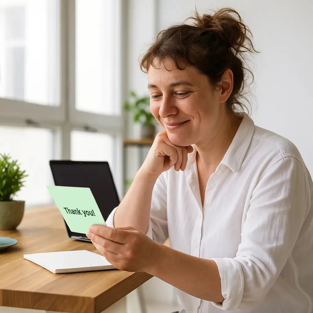 Vrouw aan haar bureau glimlacht om een kaart met de tekst Thank you